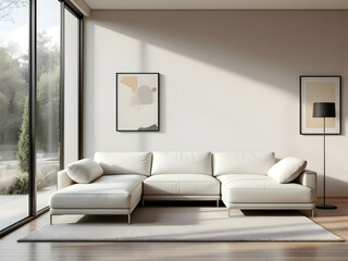Modern living room with large windows, white couch, wood flooring, minimalist decor, framed art, sleek furniture design, and a neutral color palette, creating a sophisticated atmosphere with natural l