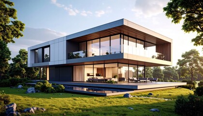 Modern Home Oasis Glass with Light, and Lush Green Retreat.