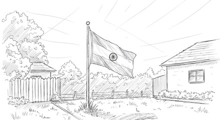 Flag waving in front yard of house with trees under sunny sky - Concept of India's Independence Day  