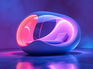 A large ovoid pod-like form with a glossy, reflective surface, vibrant neon pink and blue lighting, futuristic organic design, dramatic lighting, and moody atmosphere.




