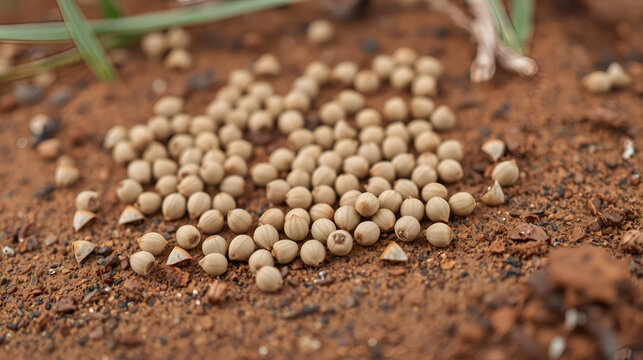 Close-up of Cyperus rotundus linn seeds scattered on a brown soil surface, nut grass seeds, nature photography