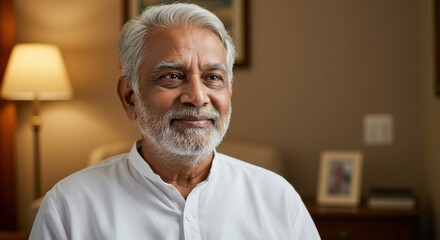 Portrait of mature man with gray hair and beard looking thoughtful in indoor setting
