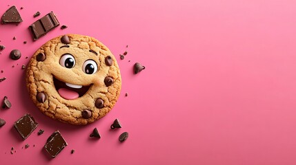 Happy Chocolate Chip Cookie with Chocolate Pieces on Pink Background