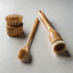 Eco-friendly bamboo toothbrush set on white background.