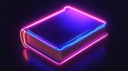 Futuristic Book Illuminated by Vibrant Neon Lights in a Dark Ambiance
