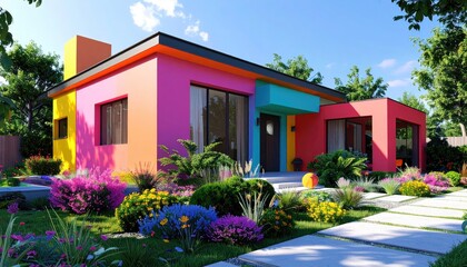 Fototapeta premium Vibrant Modern House Colorful Facade Lush Garden Landscape.