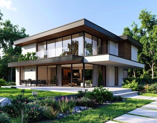 Fototapeta premium Modern dream home exterior with large windows and green landscape.