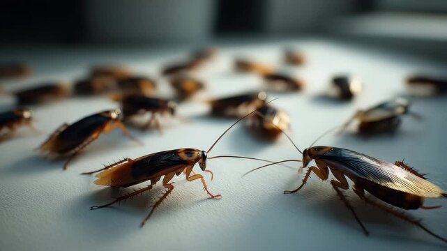 Close up of many brown and black cockroach insects crawling on surface with detailed antenna and body, showing pest bug in natural setting with creepy atmosphere