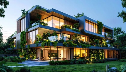 Obraz premium Modern Green Home Nature Embraced Architecture.