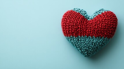 Knitted Heart in Red and Teal on a Blue Background