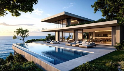 Fototapeta premium Oceanview Villa Infinity Pool Coastal Luxury at Sunset.