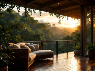 Serene outdoor patio at sunset, wooden deck overlooking a lush forest, cozy lounge chairs, warm golden light filtering through trees, cinematic view.




