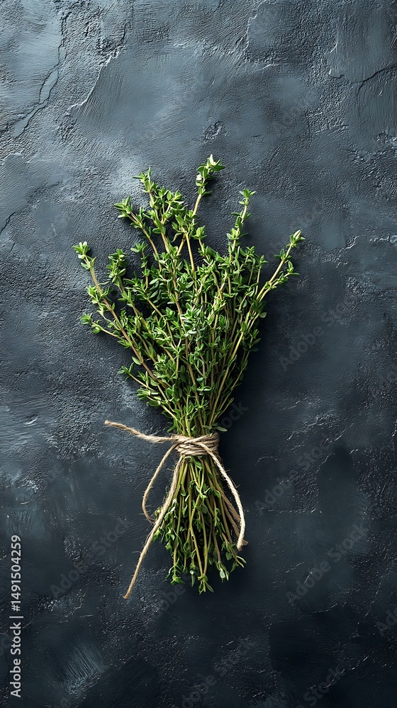 Poster fresh thyme bundle tied together rests on dark textured background creating a rustic culinary theme