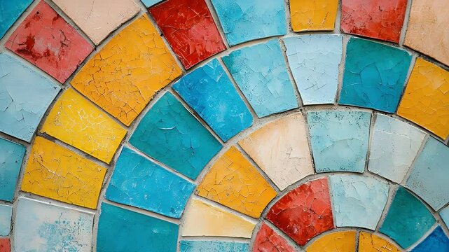 Colorful Semicircular Mosaic Design With Blue Yellow Red and White Trapezoidal Tiles Forming A Geometric Pattern In