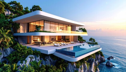 Cliffside Luxury Villa Infinity Pool with Ocean View at Sunset.