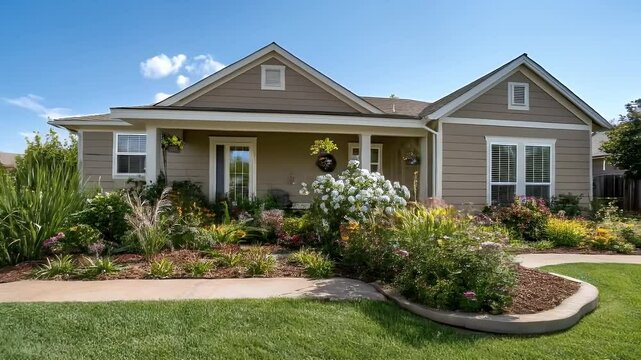 Cozy Home Exterior With Lush Garden Lawn and Blue Sky in Daytime and Warm Tones and well Maintained Landscape Design