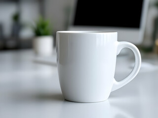 Minimalist white ceramic coffee mug, studio lighting, shadow, close-up, photorealistic and detailed.




