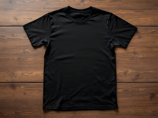 Black cotton shirt, plain design, lying on wooden surface, neutral background, minimalist product photography.




