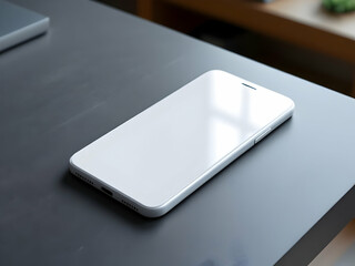 Close-up of a white smartphone on dark wood, sharp focus, studio lighting, reflective screen, minimalist design.




