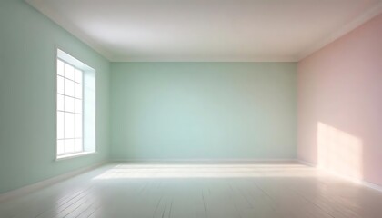 Fototapeta premium Sunlit minimalist interior with pastel walls and whitewashed wood floor