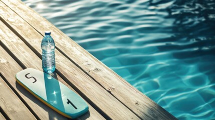 Poolside relaxation: water bottle and kickboard on wooden deck by shimmering blue water