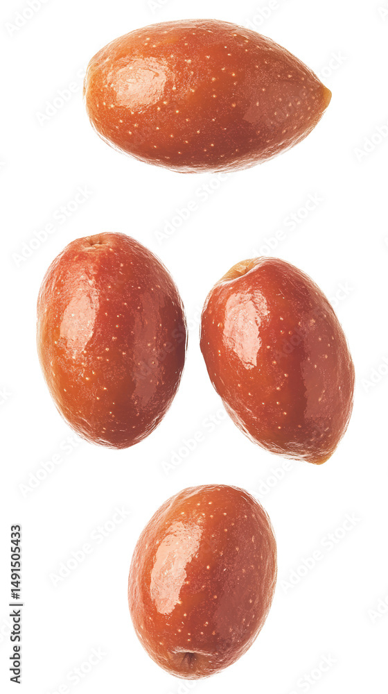 Aufkleber close-up of four shiny brown seeds with smooth surface and rounded shape isolated on white backgroun