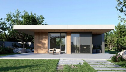 Modern House with Minimalist Design, Exterior view, Terrace, and Blue Sky.