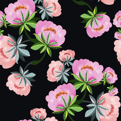 Seamless print with flowers and black, red or blue background