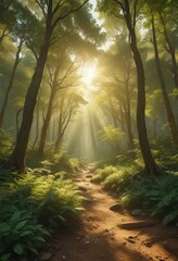 Obraz premium Golden sunlight streams through emerald canopy, illuminating dappled forest floor, ecology, pattern, texture