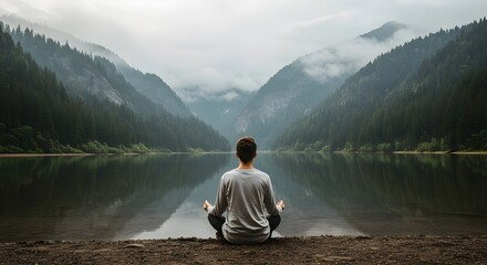Meditative man seated by tranquil lake surrounded by misty mountains.