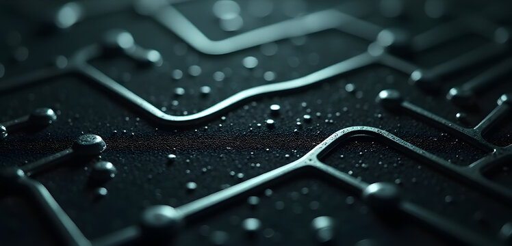Power circuit texture with parallel lines randomly branching, glowing silver on matte black background.