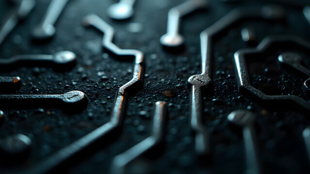 Power circuit texture with parallel lines randomly branching, glowing silver on matte black background.