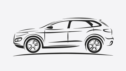 Stylized black and white drawing of a crossover suv with detailed wheels and sleek body lines shown editable vector eps/eps