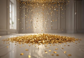 Golden confetti bursts, sunlit floor  Joyful celebration ,  sparkle,  red