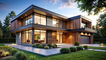 Fototapeta premium Modern Wood House Luxury Home with Landscaping and Blue Sky.
