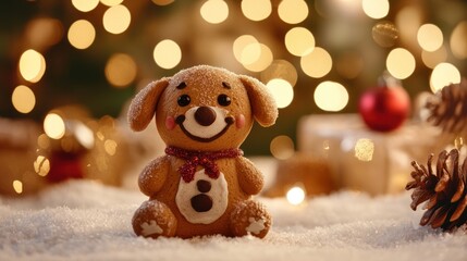 Festive Holiday Cheer: A Ginger Dog Ornament with Bokeh Lights Backdrop