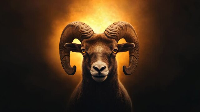 Wild ram with large curved brown horns in close up wildlife portrait, illuminated by warm glowing light, showcasing intense gaze and detailed fur in natural wild mammal nature scene