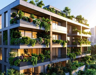Fototapeta premium Green Oasis Modern Apartment Building with Lush Balcony Gardens. (3)