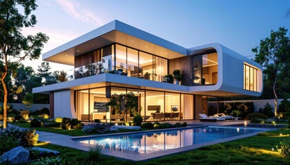 Obraz premium Modern Villa Retreat Evening glow on luxurious home with pool.