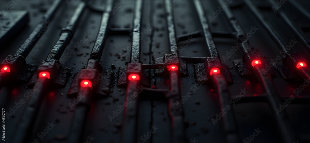 Poster power circuit texture with zigzag lines and square nodes, industrial tech background.