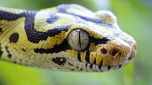 Detailed Snake Head Portrait Featuring Yellow and Black Scales against a Green Background close up shot