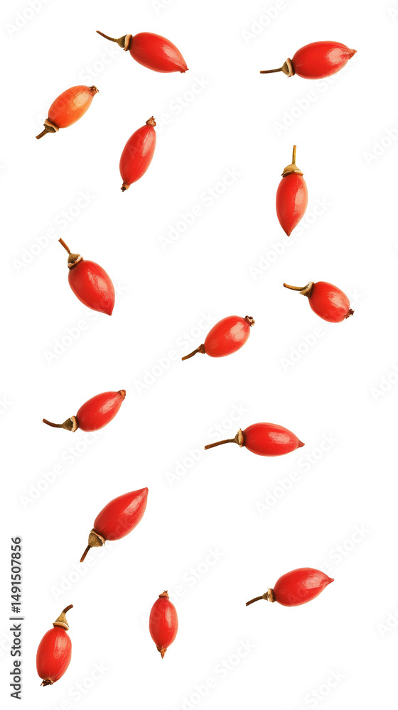 Poster collection of red chili peppers in various angles and positions isolated on a white background for c