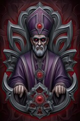 Dark Sorcerer with Red Eyes and Ornate Purple Robes in Artwork