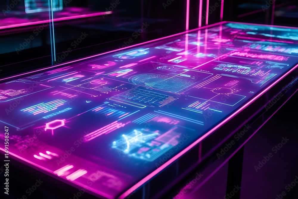 Poster futuristic neon display shows complex data and interactive elements in vibrant purple and blue hues