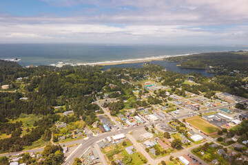 Port Orford at the Oregon Coast, aerial panorama. 