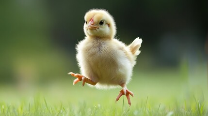 A charming close-up portrait of a fluffy yellow chick confidently walking on green grass