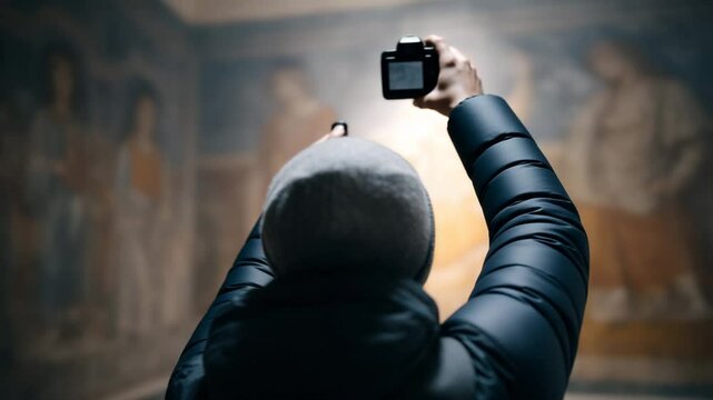 Photographer Captures Artwork: An individual raises a compact digital camera, immersed in the rich hues and intricate details of an artistic masterpiece on a historic painted wall. 