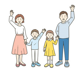 集合した4人家族が手を振る全身イラスト