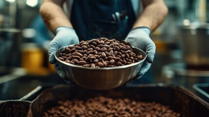 Factory Worker Holding Cocoa Beans