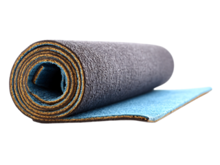 Close up of a partially rolled up blue and gray yoga mat with a textured surface on a white or transparent background